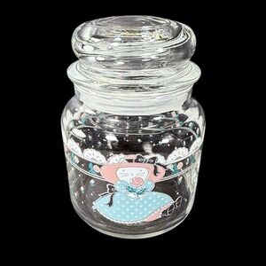 CHD Country Kitty Cat Pink Bonnet Teal‎ Dress Glass Canister Small Vintage 1988